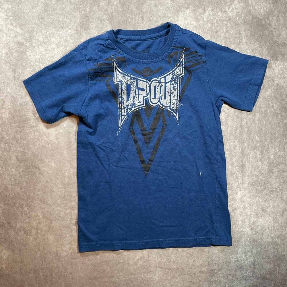 Tapout Boys Blue Graphic Tee Distressed Logo Short Sleeve Shirt Size 7/7 Small